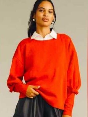 Maeve Anthropologie Red Women's Crewneck Sweater Puff Sleeves sz Medium